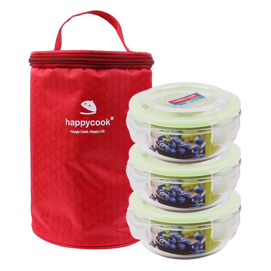BỘ HỘP THỦY TINH TRÒN HAPPYCOOK 3PCS 400ML HCG-03C + 1 TÚI GIỮ NHIỆT THC-03C (Bộ)