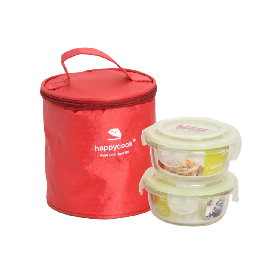 BỘ HỘP THỦY TINH TRÒN HAPPY COOK 2 PCS 400ML HCG-02C + 1 TÚI GIỮ NHIỆT THC-02C (BỘ)