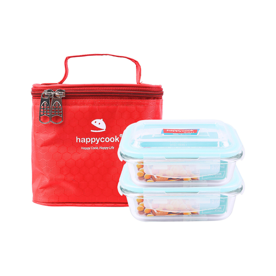 BỘ HỘP THỦY TINH CHỮ NHẬT HAPPY COOK 2 PCS 370ML HCG-02R + 1 TÚI GIỮ NHIỆT THC-02R (BỘ)
